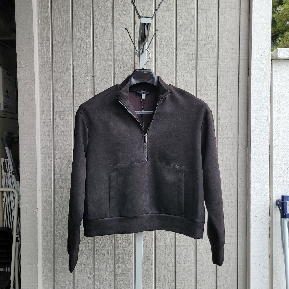 Black Faux Suede Half Zip Pullover Jacket Sweatshirt NEW Front Pocket Tahari - Picture 11 of 11